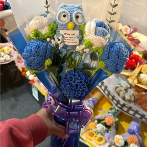 Blue and White Owl Crochet Bouquet